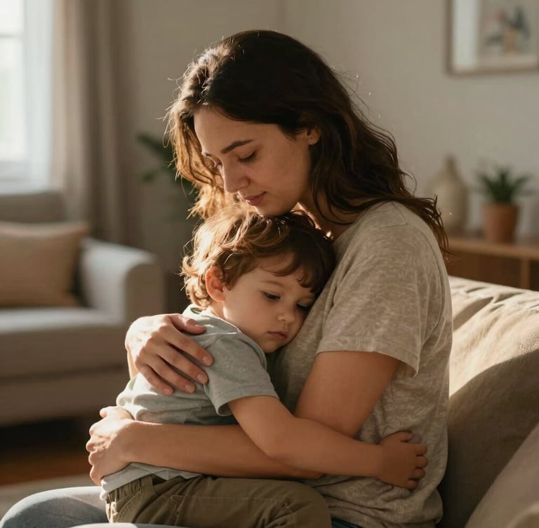 Plano médio de uma mãe abraçando seu filho pequeno na sala de estar iluminada pela luz suave da tarde, transmitindo alívio e segurança, cores quentes e naturais.