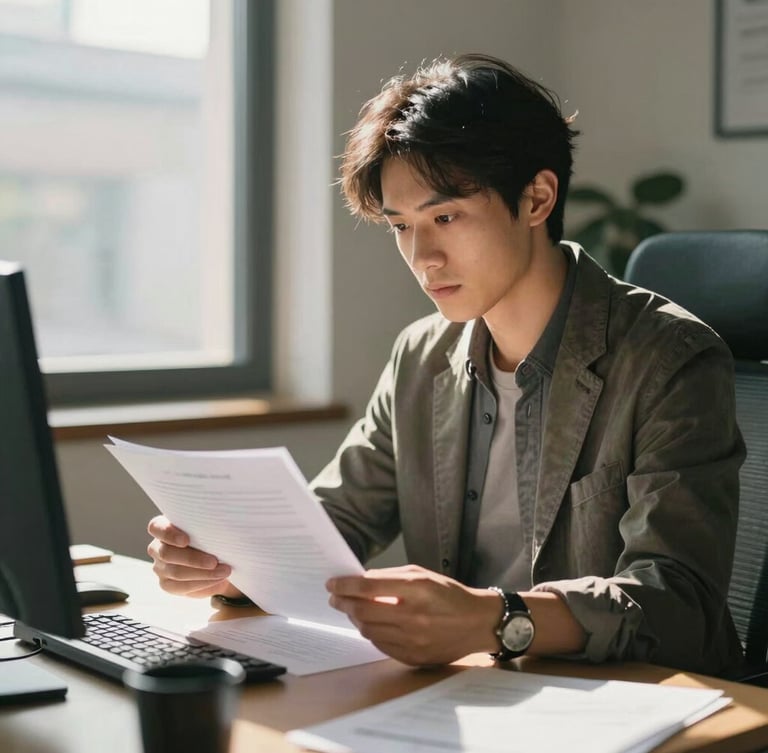 A focused small business owner reviewing documents in a sunlit office, natural warm daylight, medium shot, feeling of relief and clarity.