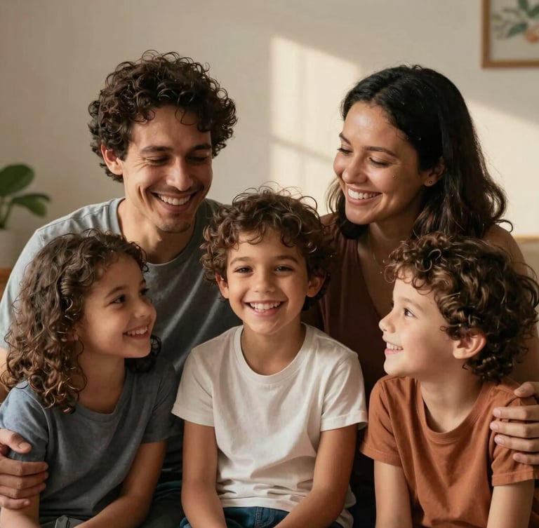 Uma família jovem rindo junta em uma sala iluminada pelo sol da tarde, transmitindo um sentimento de alívio e segurança genuína