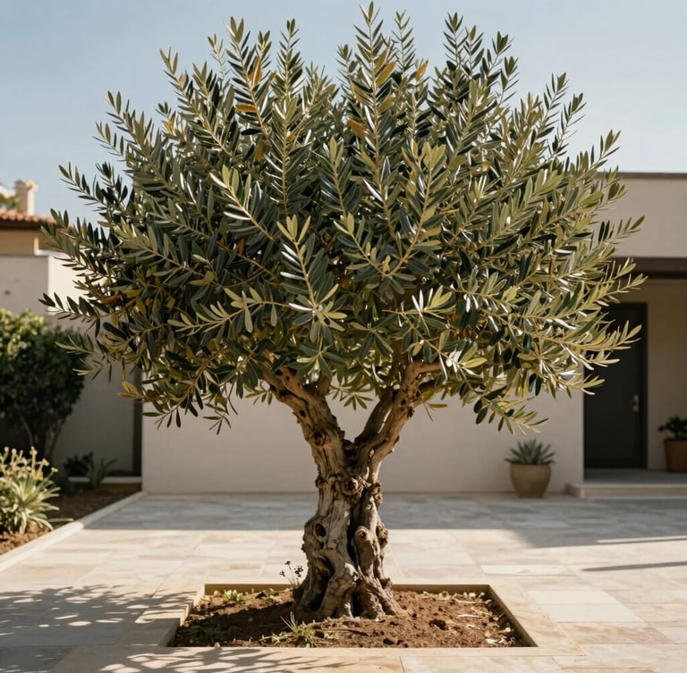 Close-up of a perfectly pruned ancient olive tree in a minimalist suburban Attica garden, warm sunlight, clean stone path