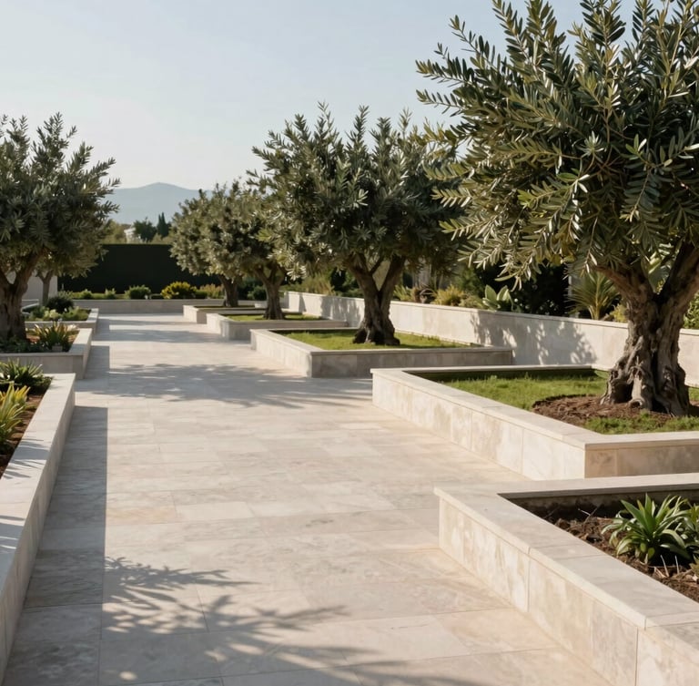 Wide-angle architectural garden in Kifisia under bright Mediterranean morning sun, structured stone paths, healthy olive trees, clean lines, negative space on the left.