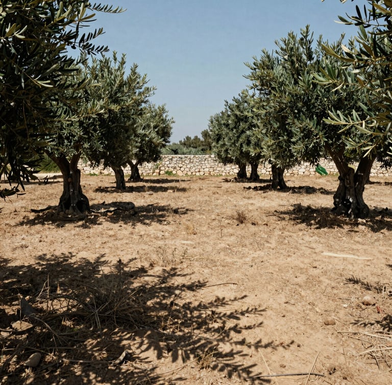 Wide-angle portrait shot of a cleared plot in Attica under bright Mediterranean sunlight, showing clean soil, pruned olive trees, and no dry brush, with a neat stone wall in the background.
