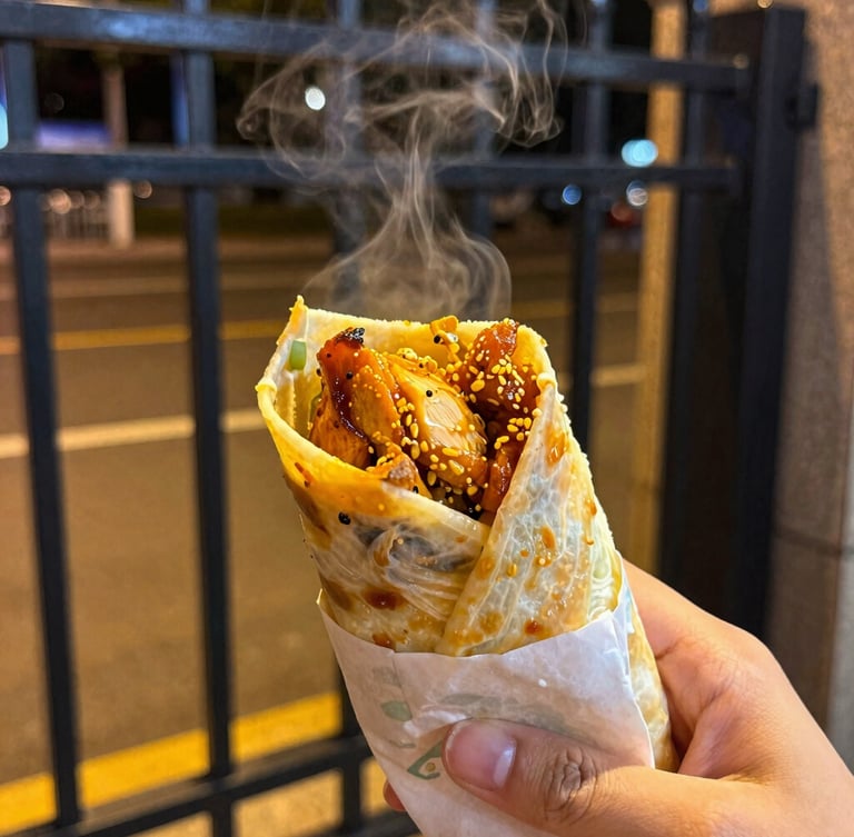 Close-up steaming hot chicken roll held in a student's hand near a dark metal campus gate at night, warm high-contrast street lighting, rich saturated colors