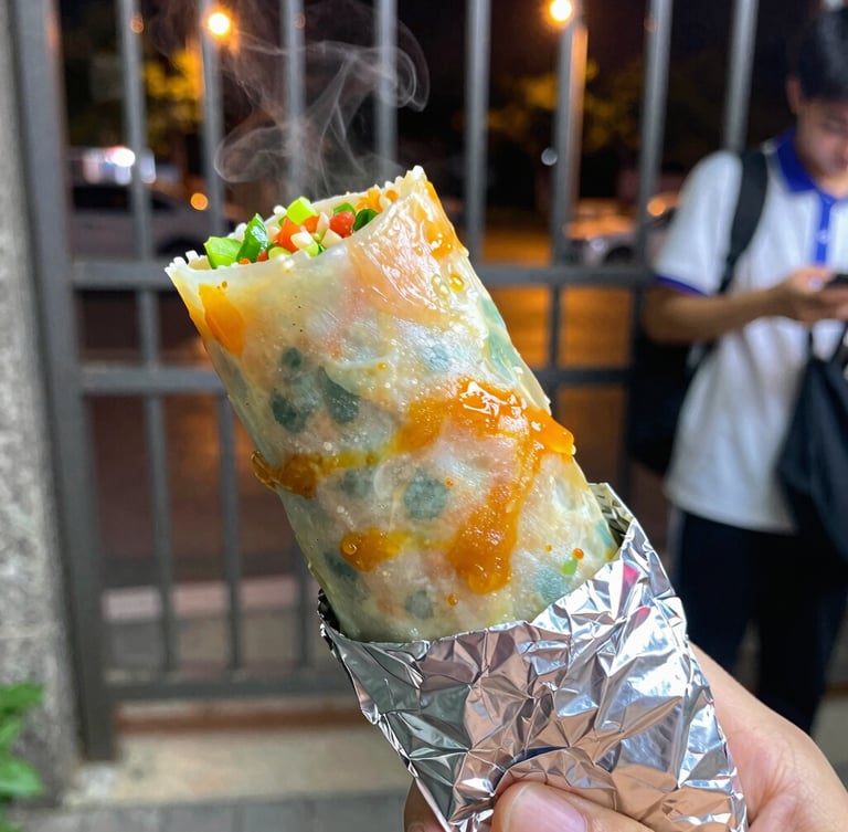 Vibrant food photography, a steaming roll wrapped in foil held by a student near a hostel gate at night under warm streetlights, close-up macro, shallow depth of field.