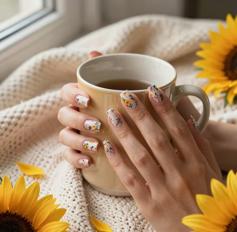 A close-up overhead shot of a hand with beautiful floral press-on nails wrapping around a warm ceramic mug, resting on a soft cream knit blanket with scattered sunflower petals under bright morning window light