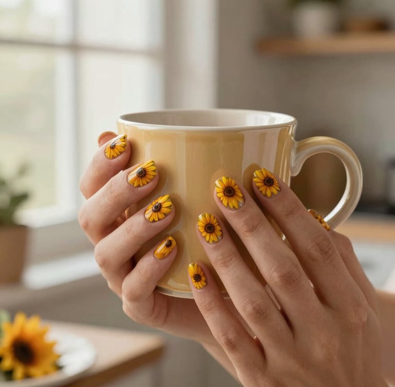 Close-up macro shot of hands with hand-painted sunflower press-on nails holding a warm ceramic mug, soft morning light streaming through a kitchen window, cozy aesthetic.