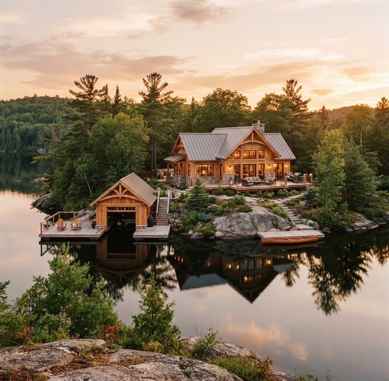 Wide panoramic view of a custom timber-framed cottage with a boathouse, nestled on a Muskoka lake shoreline at golden hour, calm water reflecting the structure, pine trees in the background.