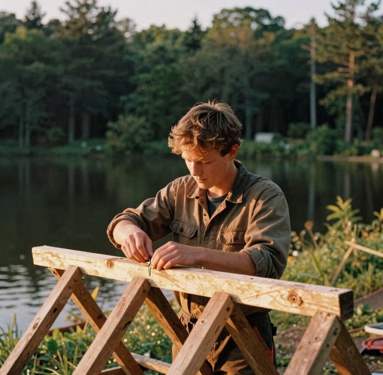 Warm editorial photograph of a young Rick (early 20s) in work clothes, hands-on, repairing a wooden structure at a rustic children's camp by a lake, golden-hour light, 35mm film style.