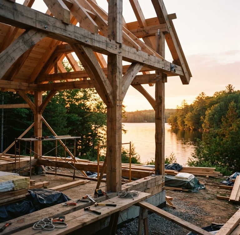 Wide shot of heavy timber framing on a new cottage build site overlooking a calm Muskoka lake at golden hour, shallow depth of field, 35mm film style.