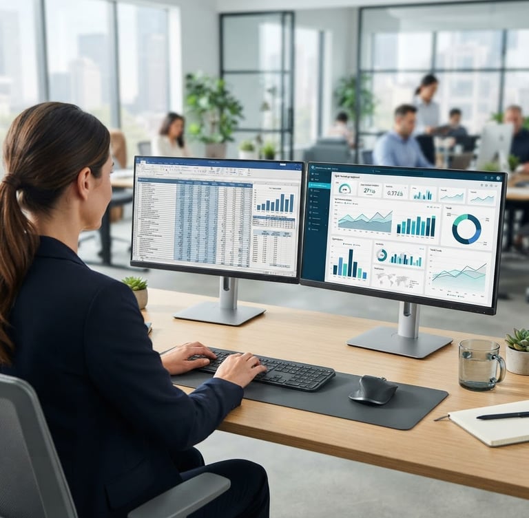 Over-the-shoulder perspective of an organized dual-monitor setup in a bright modern office, left screen showing clean tax spreadsheets, right screen showing digital marketing analytics dashboards, sharp focus, cool slate and blue tones.