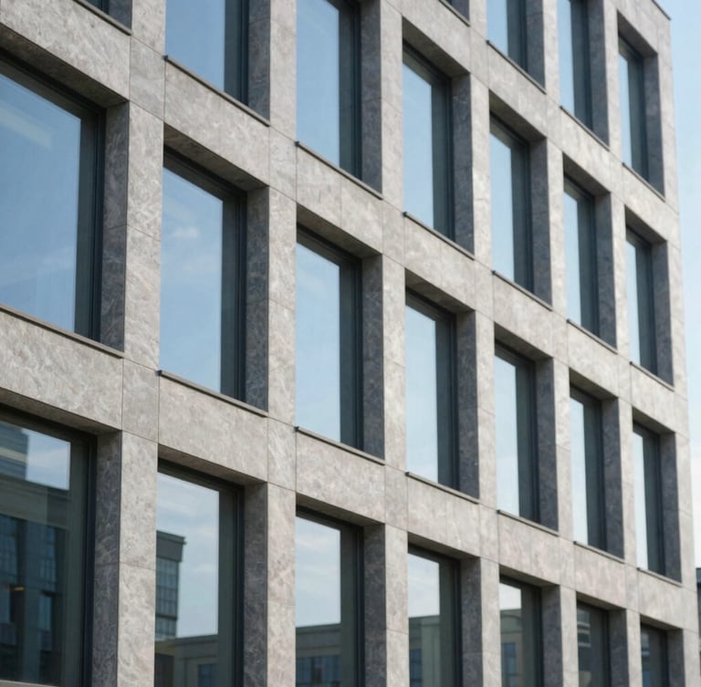 Structured architectural lines of a modern office building, large glass windows reflecting cool blue sky, sharp focus, professional depth of field