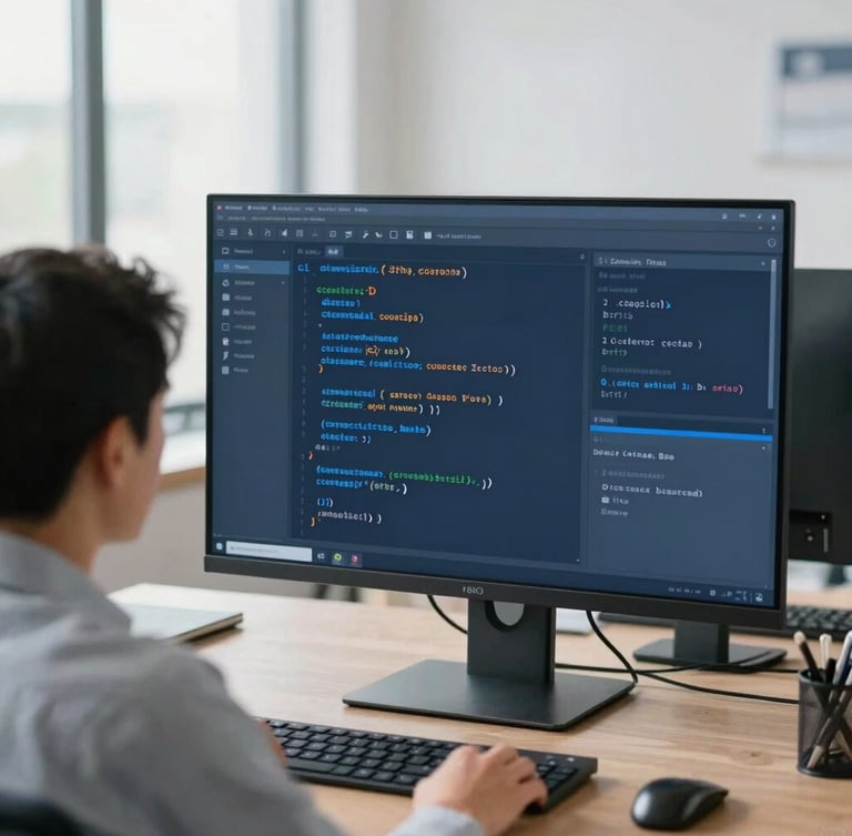 Over-the-shoulder shot of a developer reviewing clean code alongside a real-time analytics dashboard, bright office daylight, cool slate and blue tones, professional depth of field.