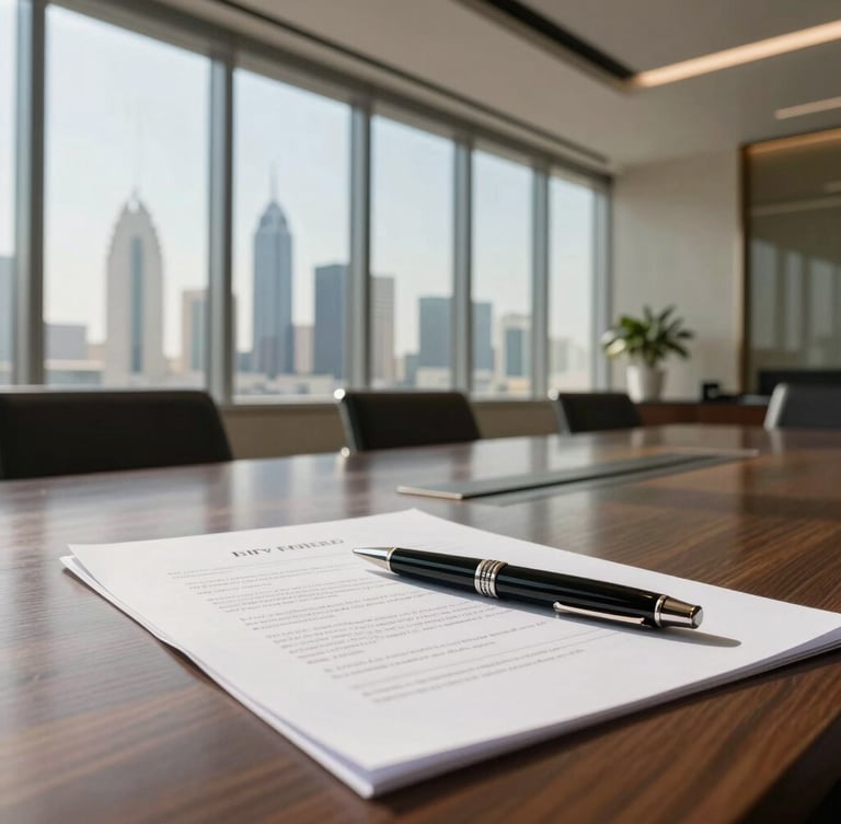 A cinematic, wide shot of a modern, sunlit Riyadh office boardroom, floor-to-ceiling windows showing the city skyline, warm natural daylight filtering in, a luxury fountain pen resting on a detailed commercial contract, absolute prestige.