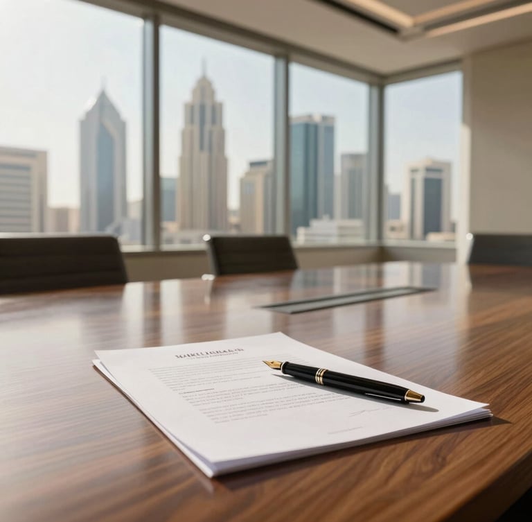 Cinematic wide shot of a modern, sunlit Riyadh boardroom, a polished wooden table reflecting warm light from floor-to-ceiling windows, an elegant fountain pen resting on a signed commercial contract, soft focus on the background architecture of the King Abdullah Financial District.
