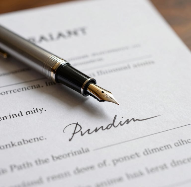 Close-up of a premium fountain pen resting on signed commercial litigation documents, warm natural light, shallow depth of field