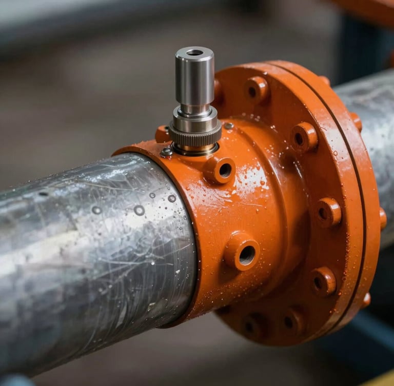 Macro close-up of a proprietary corrosion monitoring probe installed on a heavy steel pipe, showing high-visibility orange coating and technical instrumentation details.