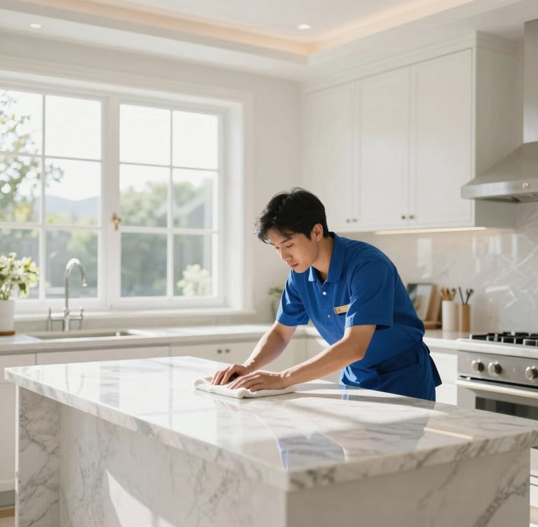 Bright, sunlit luxury kitchen showing gleaming marble countertops, a professional cleaner in a neat blue uniform wiping a surface, natural window light, crisp details, 35mm lens, wide architectural interior.