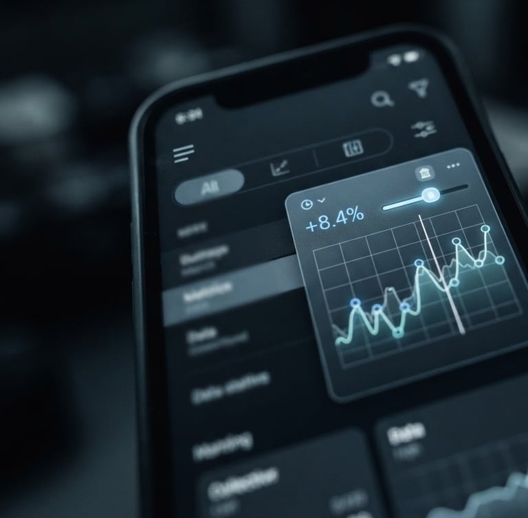 High-fidelity UI/UX close-up of a dark-mode app interface, sharp screen-glow highlights, cool desaturated tones, macro lens, right-aligned to bleed.