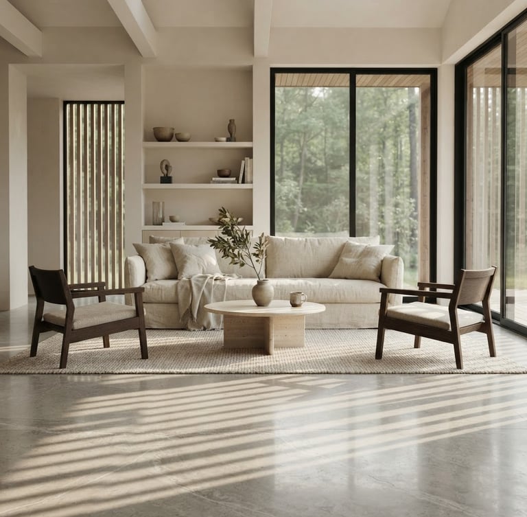 Straight-on architectural crop of a sunlit living room with natural linen textures, soft morning daylight casting long shadows on polished stone floors.