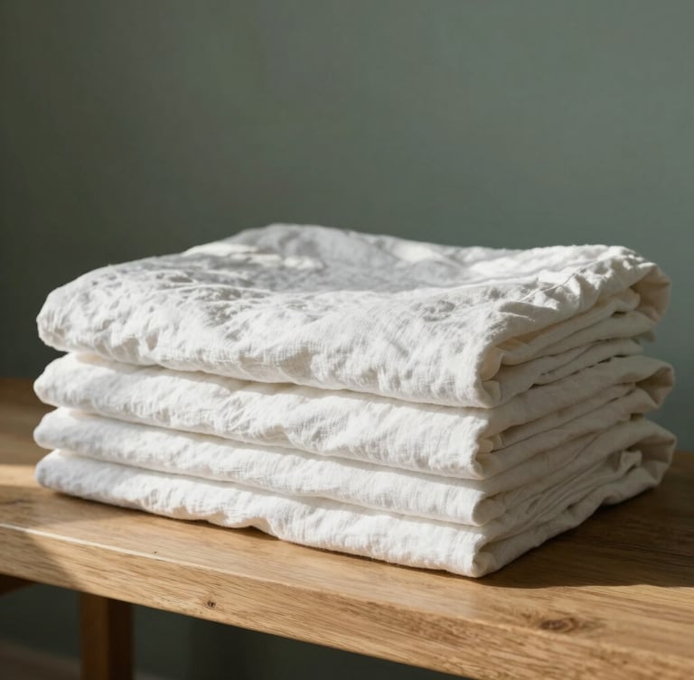 Intimate close-up of folded linen sheets resting on a sunlit oak bench, soft diffused morning daylight, minimalist composition