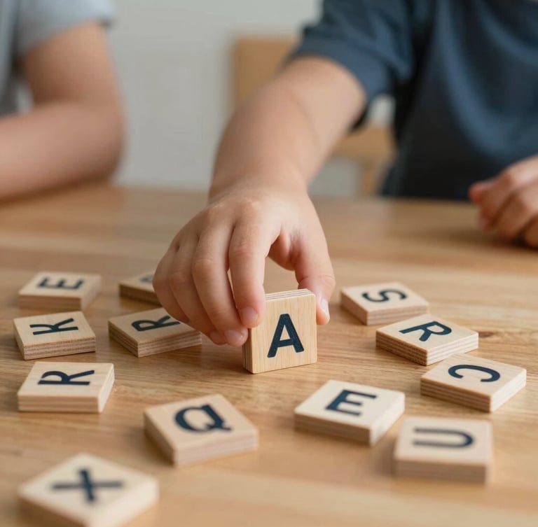 A tight, natural-light shot of a child's hand placing wooden phonics letter tiles on a warm table, guided by a tutor's hand.