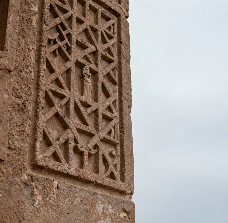Extreme close-up of ancient stone textures in a boutique riad in Marrakech, soft overcast daylight highlighting the intricate carvings, expansive negative space on the right.
