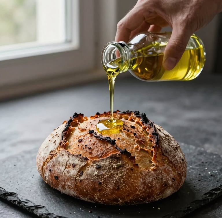 Extreme close-up of hands pouring golden local olive oil over freshly baked rustic sourdough bread on a dark stone surface, soft morning light filtering through a window, shallow depth of field.
