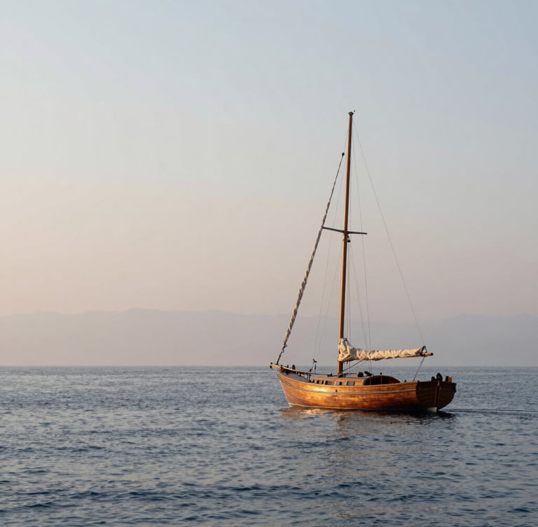 Wide panoramic shot of a solitary wooden sailboat on a misty, calm Aegean sea at dawn, soft natural light, minimalist composition, negative space on the left.
