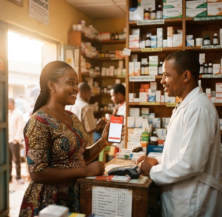 A warm, natural environmental portrait of a local partner pharmacy in Kinshasa, golden equatorial daylight filtering through the doorway, a customer smiling while holding a mobile phone showing a secure credit balance, 35mm film look.