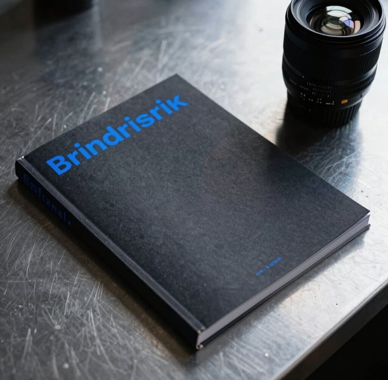 Close-up of physical brand guidelines book on a heavy steel table, sharp high-contrast studio lighting, deep charcoal shadows, electric blue accents, 35mm lens.