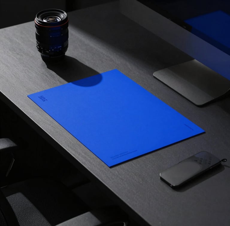 High-contrast editorial photography of a dark-toned design studio workspace, sharp shadows, electric blue light spilling across physical brand mockups on a desk, 35mm lens