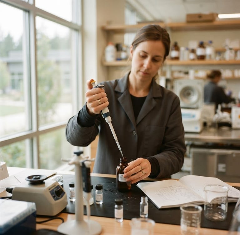 High-end veterinary lab, scientist's hands working on a formulation, soft natural window light, shallow depth of field, muted earth tones, 35mm film look, modern equipment, clinical but warm atmosphere.
