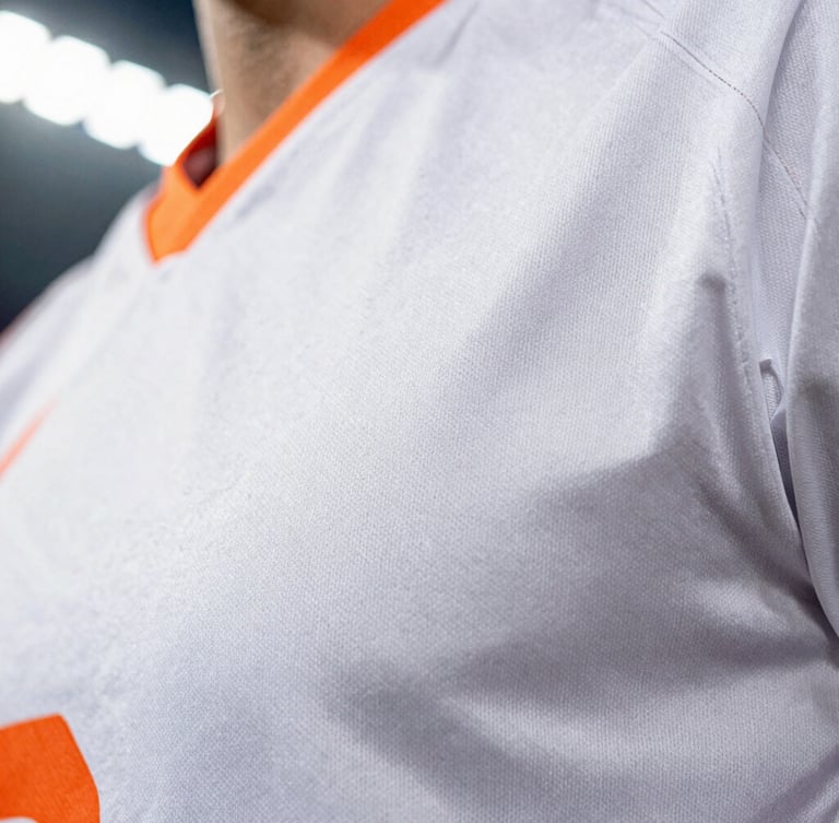 Crisp close-up of high-performance technical fabric jersey stitching with subtle orange accents, bright stadium lighting, sharp focus.