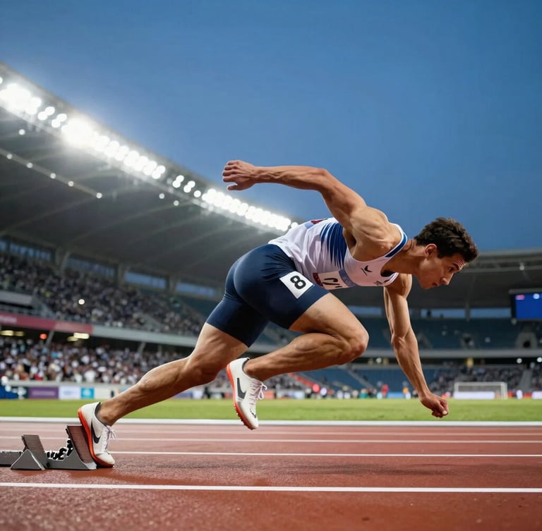 Dynamic low angle shot of a track athlete in modern technical apparel exploding from starting blocks, bright stadium floodlights, high-contrast crisp colors, sharp focus.