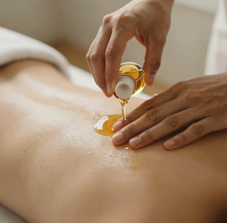 Close-up of hands gently pouring warm herbal oil onto a client's back, soft diffused golden-hour light, earthy muted tones, shallow depth of field, 35mm film
