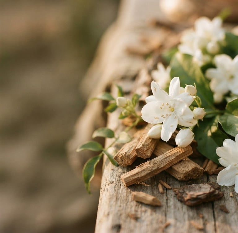 Close-up of sandalwood and jasmine botanicals, soft diffused golden-hour light, earthy muted tones, shallow depth of field, 35mm film, wide negative space on left