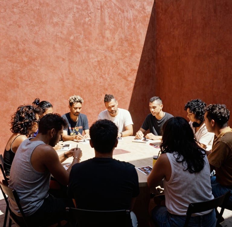 A group of local queer artists collaborating around a large table in a sunlit courtyard, vibrant terracotta walls, warm editorial photography.