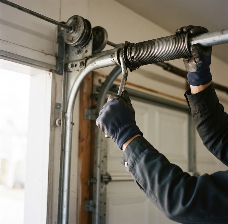 Technician's hands working on a garage door torsion spring, close-up, bright natural daylight, rich industrial tones, sharp focus, 35mm. The technician is wearing work gloves.