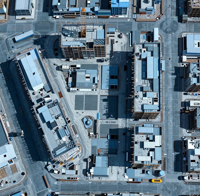 Top-down orthomosaic map of an active commercial construction site, sharp technical photography, bright midday sun, high-contrast blue and slate tones, CAD grid overlay style.