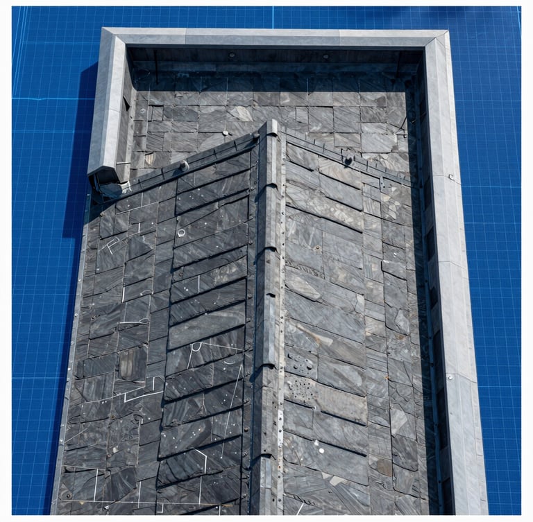 Top-down orthomosaic map of a commercial roof detailing structural scans, sharp technical resolution, high-contrast slate background, blueprint-blue grid lines
