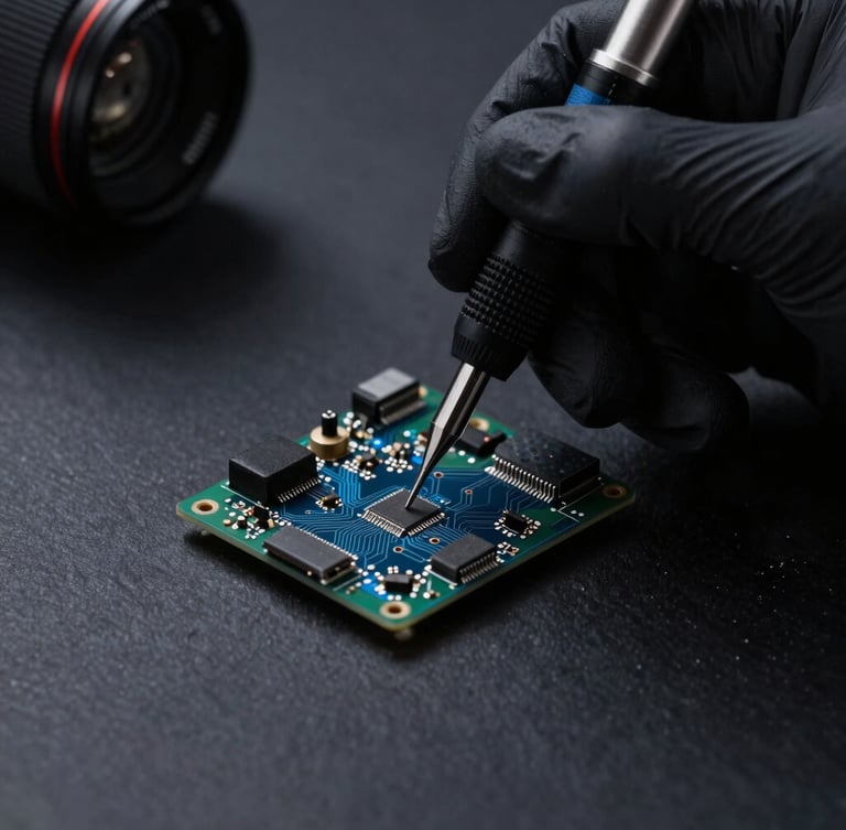 Macro shot of a technician using a precision tool on a circuit board, cool blue accent highlights, dark slate background, sharp focus