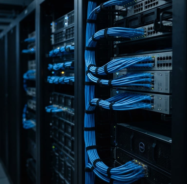 Sleek close-up of organized server rack with clean blue cable management, dark moody studio lighting, sharp focus, 50mm lens