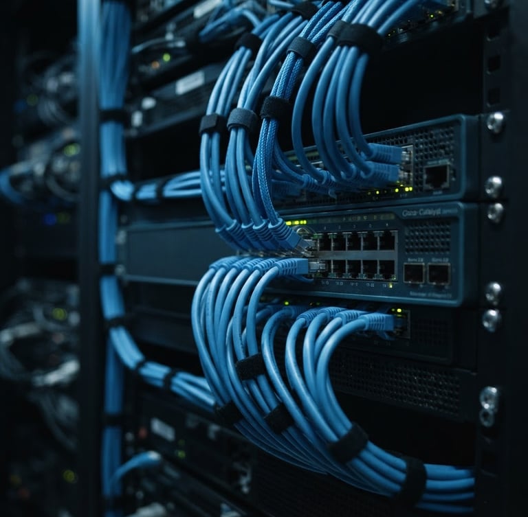 Sleek close-up of high-end network switch with organized blue ethernet cables, dark moody studio lighting, cool blue highlights, sharp focus