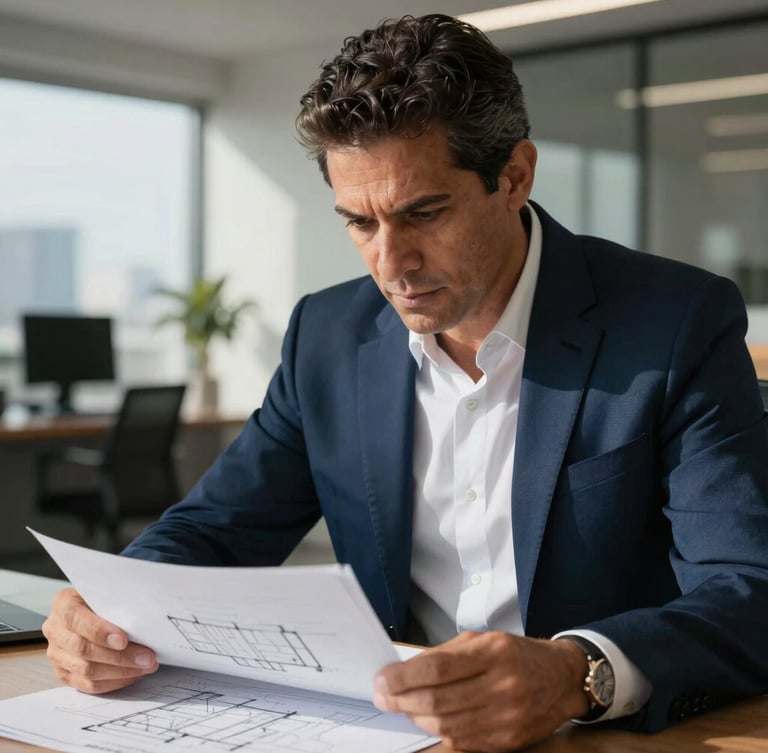 Close-up portrait of Carlos A. Catarino in a sharp navy suit, reviewing architectural plans in a modern, side-lit office, high-contrast shadows, editorial style.