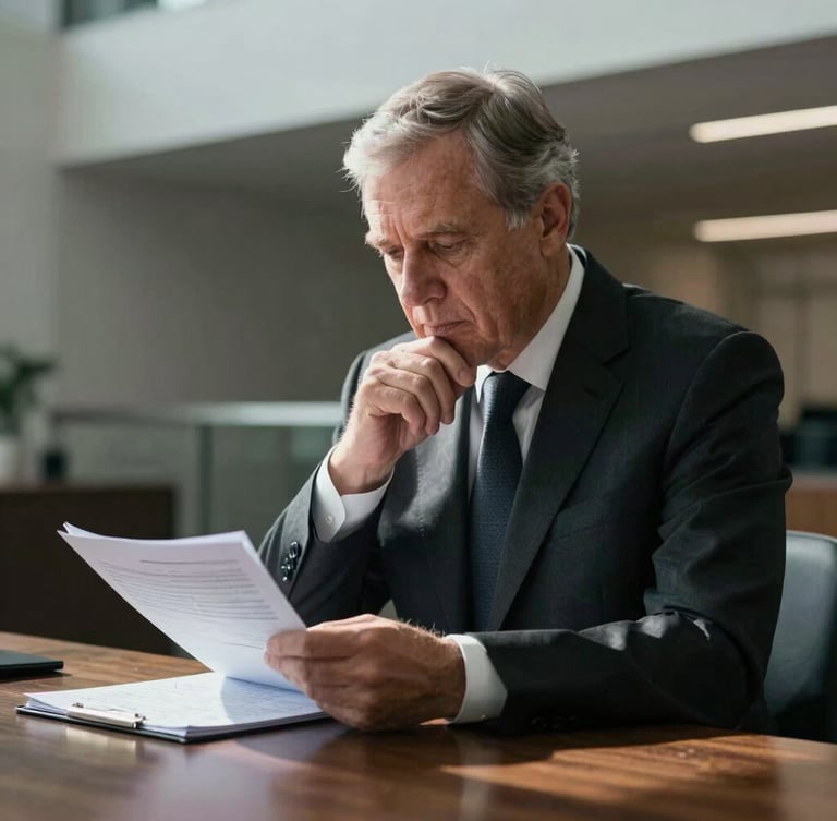 A high-contrast, natural side-lit portrait of a senior male advisor in a dark suit, looking down thoughtfully at a financial ledger on a dark oak table, modern architectural lines in the soft-focus background.