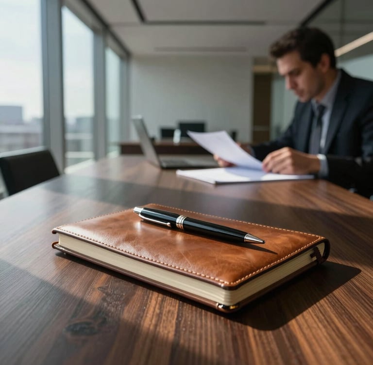 Wide environmental shot of a modern minimalist executive office with strong geometric leading lines, natural high-contrast side-lighting casting deep shadows, a physical leather notebook and premium pen resting on a dark oak desk, Carlos A. Catarino visible in soft focus background reviewing documents.