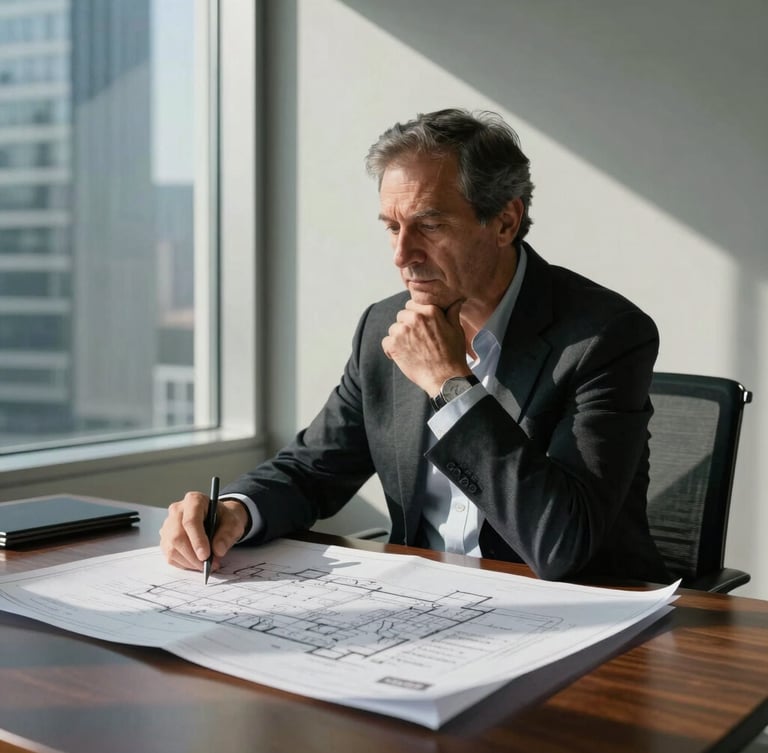 Editorial portrait of Carlos, a senior executive in his late 50s, in a modern high-rise office. He is looking thoughtfully over architectural blueprints and financial documents on a dark oak table. Natural, high-contrast side-lighting from a large window casts deep geometric shadows.