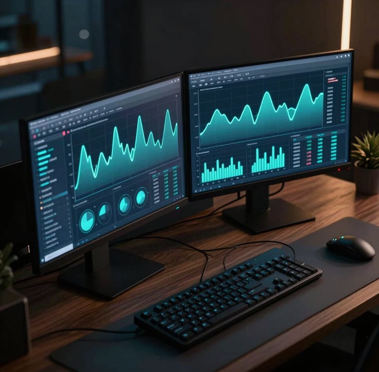 Angled isometric shot of a modern dark workspace, dual monitors displaying analytics dashboards with glowing cyan and teal line graphs, moody ambient lighting.