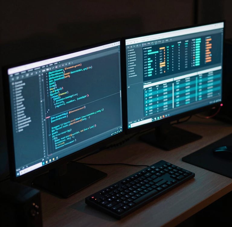 Angled isometric close-up of a dual-monitor workstation in a dark room, glowing cyan code editor on one screen, teal analytics dashboard on the other, moody low-key lighting.