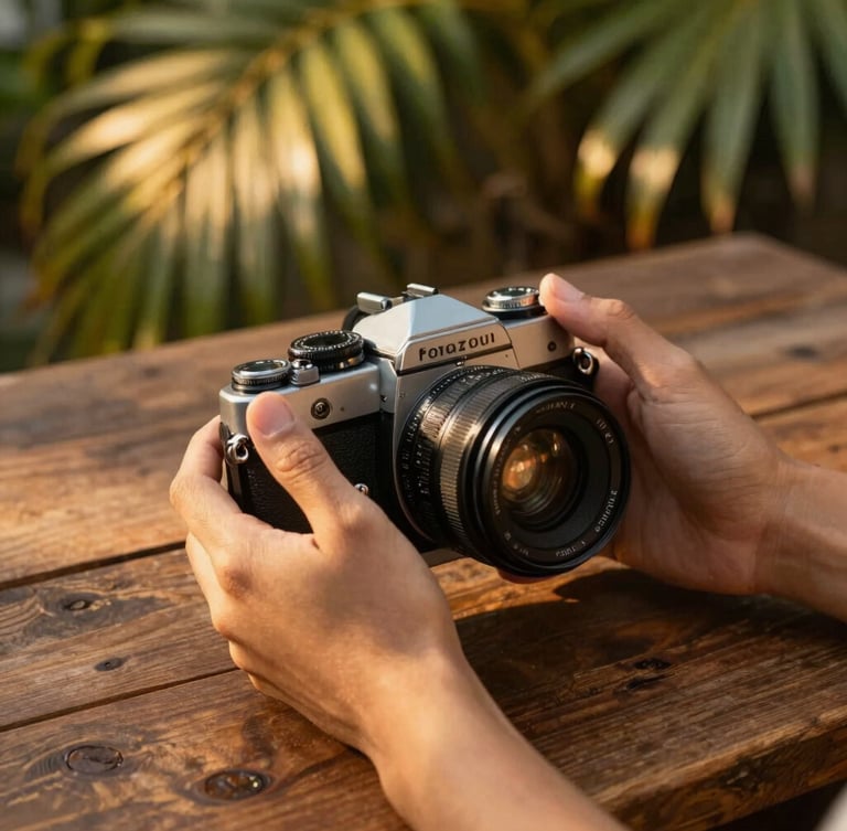 Close-up of hands holding a vintage camera on a rustic wooden table, warm golden-hour light filtering through tropical leaves, soft shadows, 35mm lens